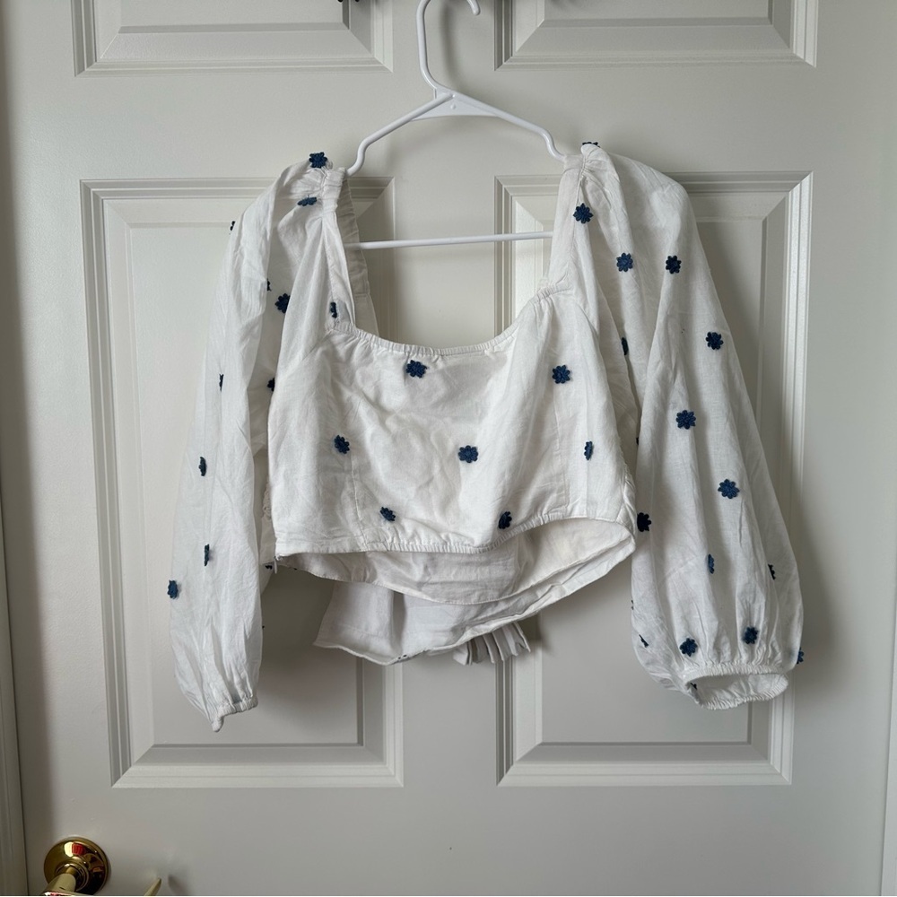 Farm Rio Flower-Embroidered Cotton Crop Top Size M - Picture 2 of 13